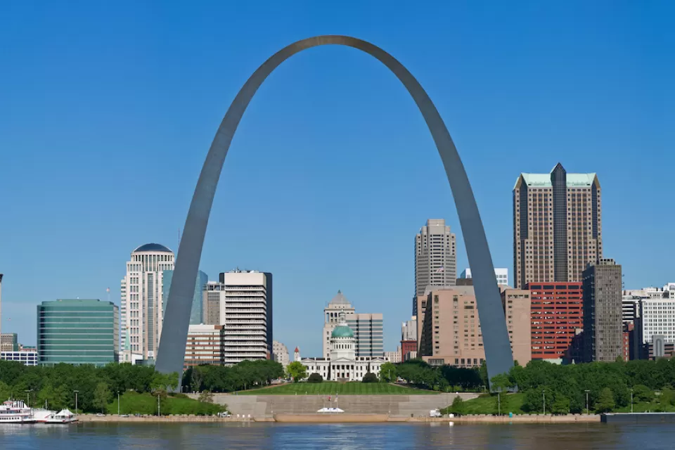 View of Gateway Arch and skyline of St. Louis, Missouri.